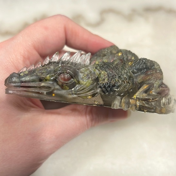Dragon Bloodstone Gemstone and Gold Flake Dragon Resin Figurine - Picture 3 of 7